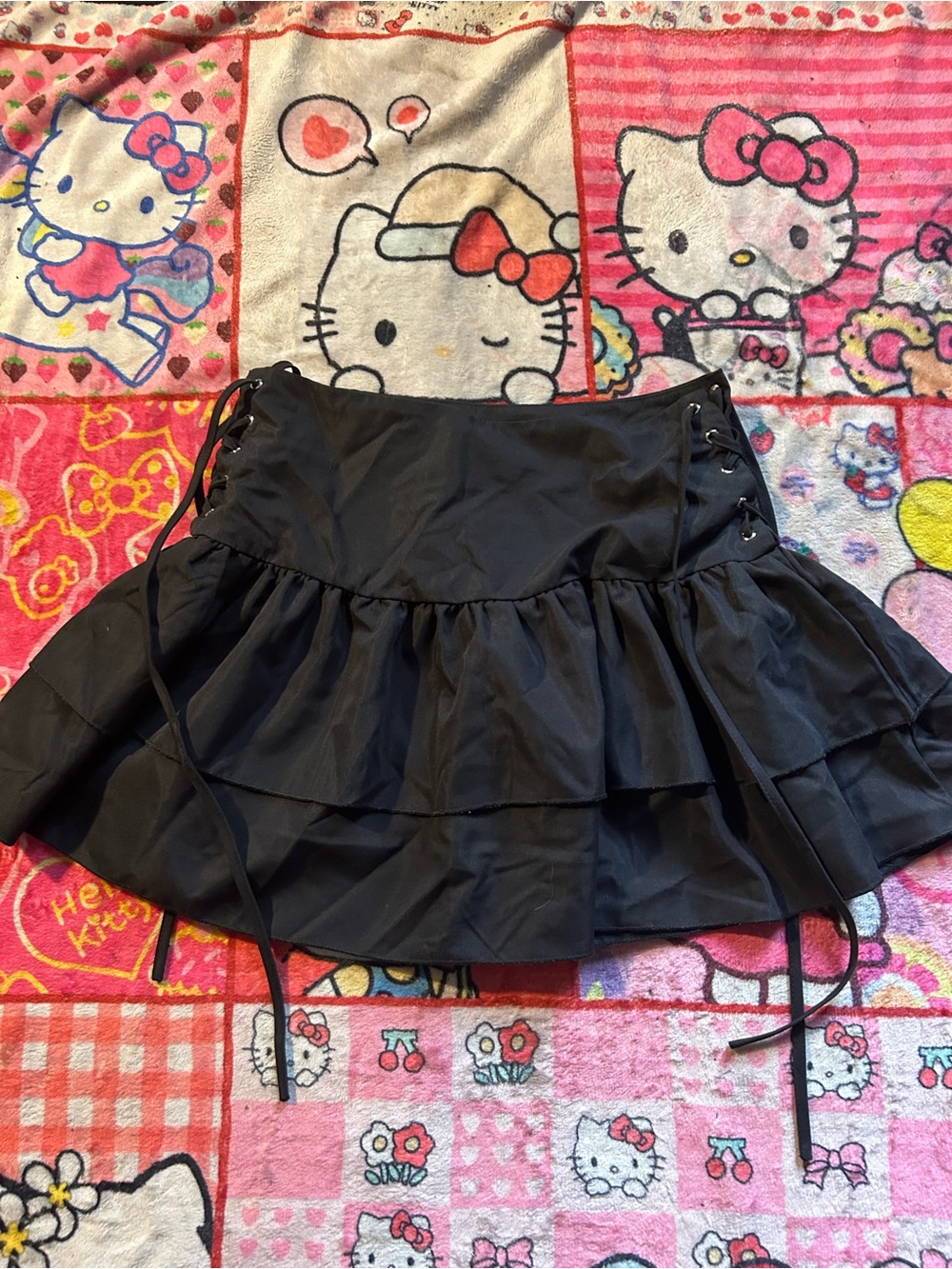 Women's Black Tiered Lace-Up Mini Skirt